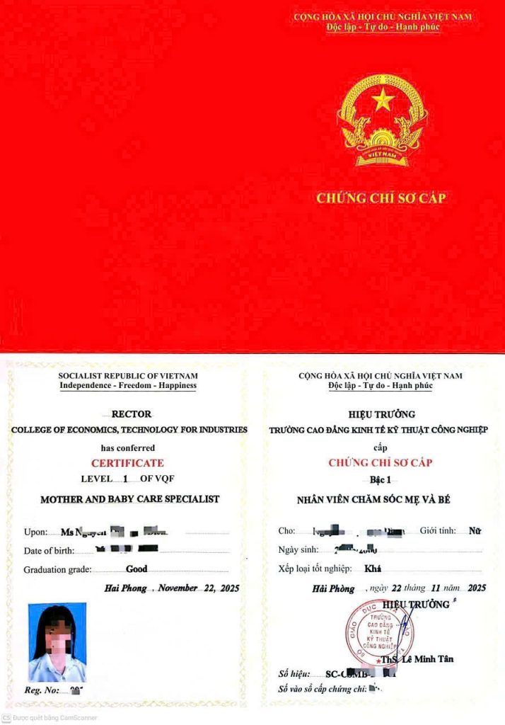 Chứng chi Sơ Cấp Nghề Nhân Viên Chăm Sóc Mẹ Và Bé
