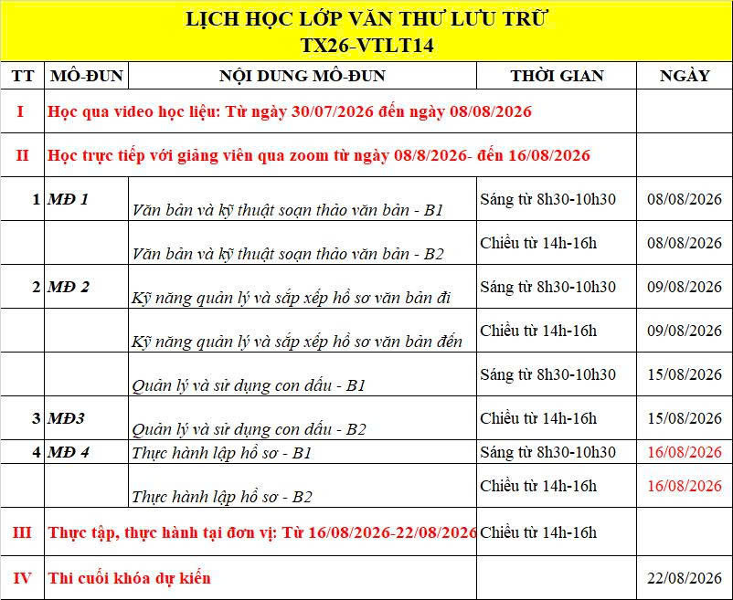 Lịch Khóa Học Nghiệp Vụ Văn Thư – Lưu Trữ Tháng 8